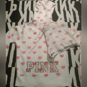 Victoria's Secret Pink Vintage White & Pink Heart Rhinestone Bling Short Set. L.